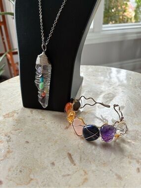 Handmade 7 Chakra Rainbow Crystal Bracelet And Necklace Set